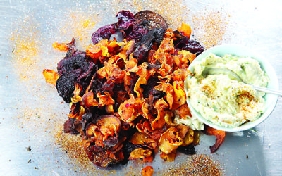 Root vegetable crisps with caramelised onion