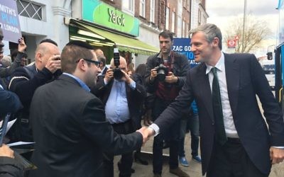 Zac Goldsmith meets with a councillor in Golders Green during his visit to the hub of Jewish London. 
