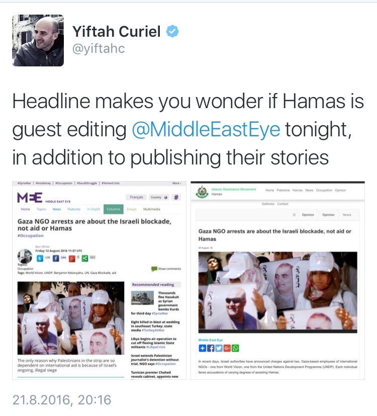 The Middle East Eye has published stories which mirror the content produced by Hamas organisations 