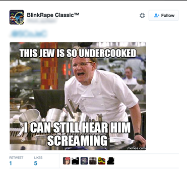 A tweet documented by The Scottish Council of Jewish Communities, incorporating anti-Semitism into a Gordon Ramsey meme