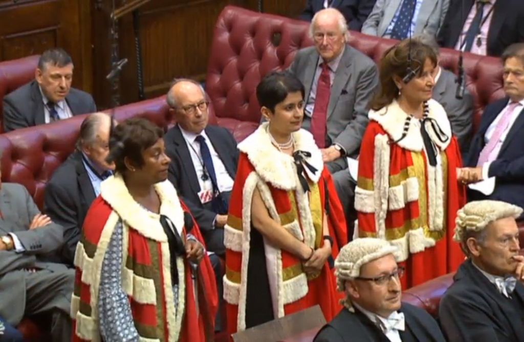 Shami Chakrabarti (centre) takes her seat in the House of Lords, with Baroness Lawrence of Clarendon (left) and Baroness Kennedy of the Shaws (right) (Photo credit : PA Wire)