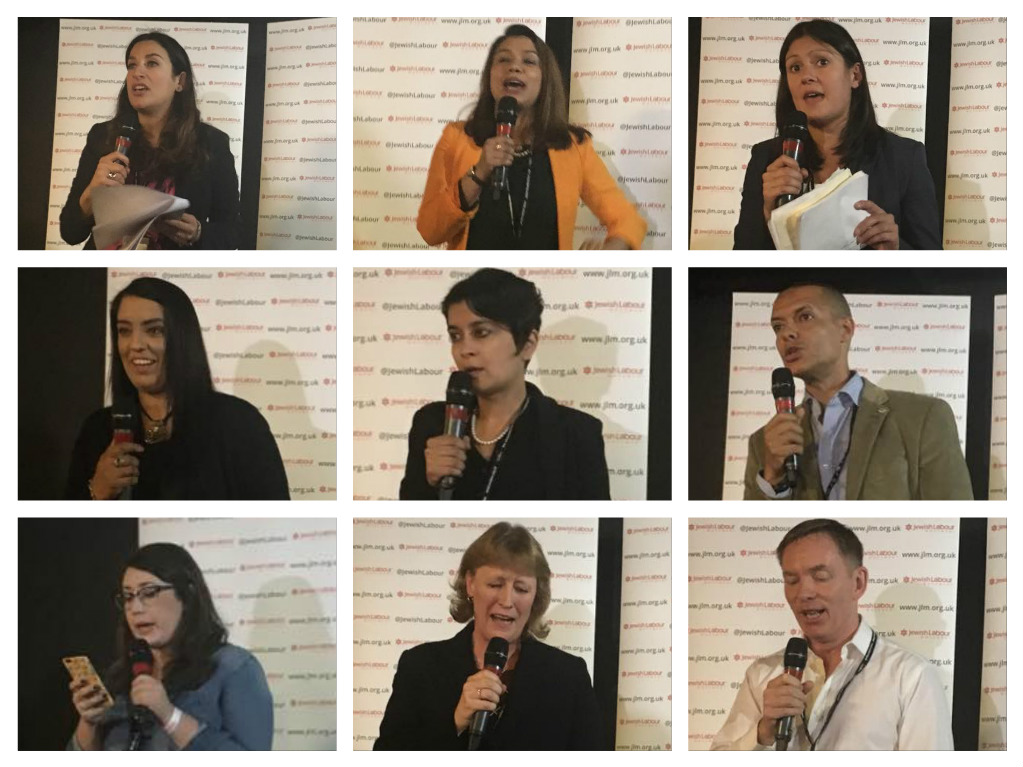 Speakers addressing the Jewish Labour Movement Fringe event at the Labour Conference. (L-R: Luciana Berger MP, Tulip Siddiq MP, Lisa Nandy MP, Naz Shah MP, Baroness Shami Chakrabarti, Clive Lewis MP, Rhea Wolfson, Joan Ryan MP and Chris Bryant MP 