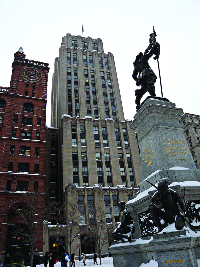 Old Montreal town square in the snow