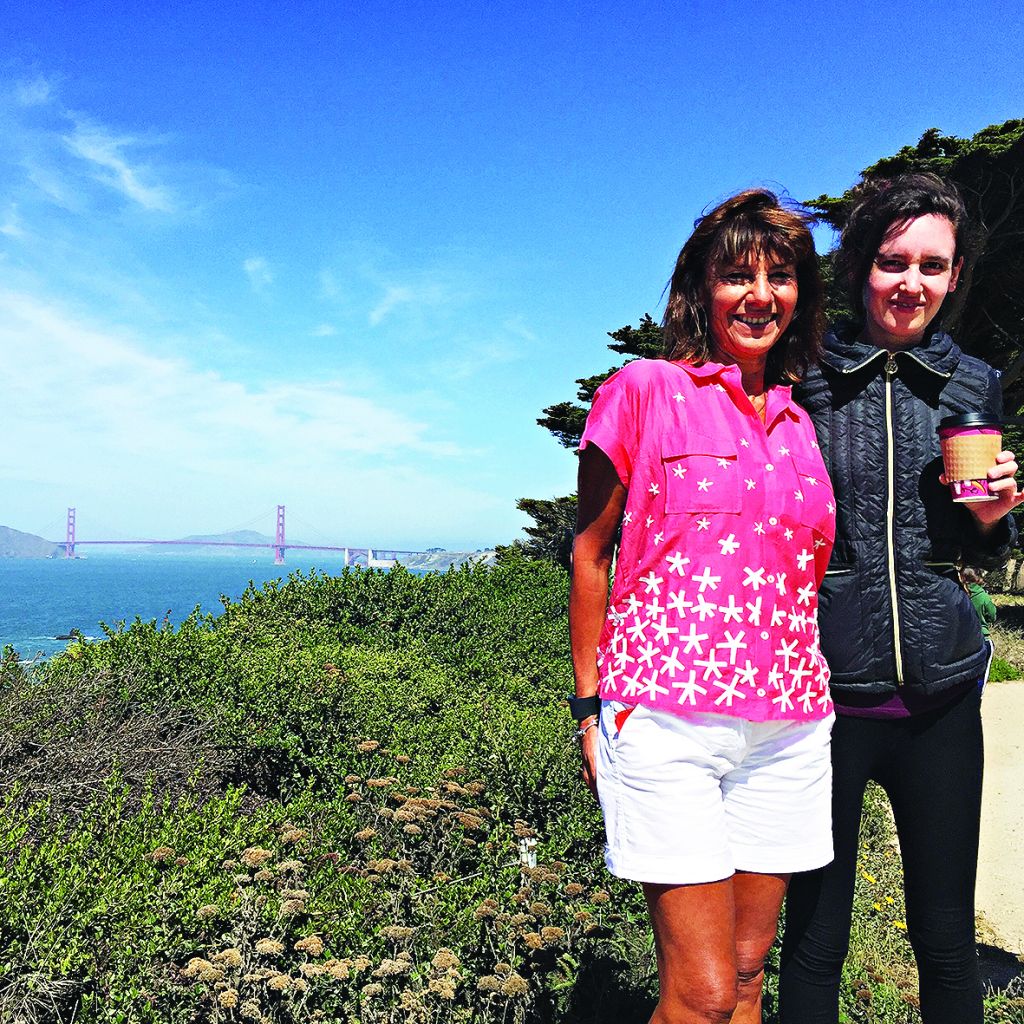 Sharon with her daughter above the Golden Gate