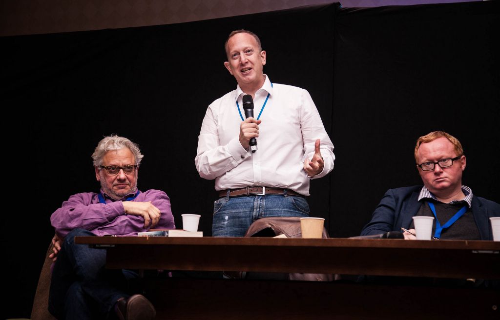 Left to right: Momentum chief Jon Lansman, chair of the Jewish Labour Movement Jeremy Newmark and Luke Akehurst, a Labour activist and director of 'We Believe in Israel' (Photo Credit: Eli Gaventa)