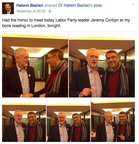 Hatem Bazian's post on facebook where he is shown embracing the Labour leader 