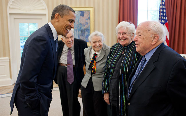 President Barack Obama greets Dr. Mildred S. Dresselhaus, third from right, and Dr. Burton Richter, right, May 7, 2012. 