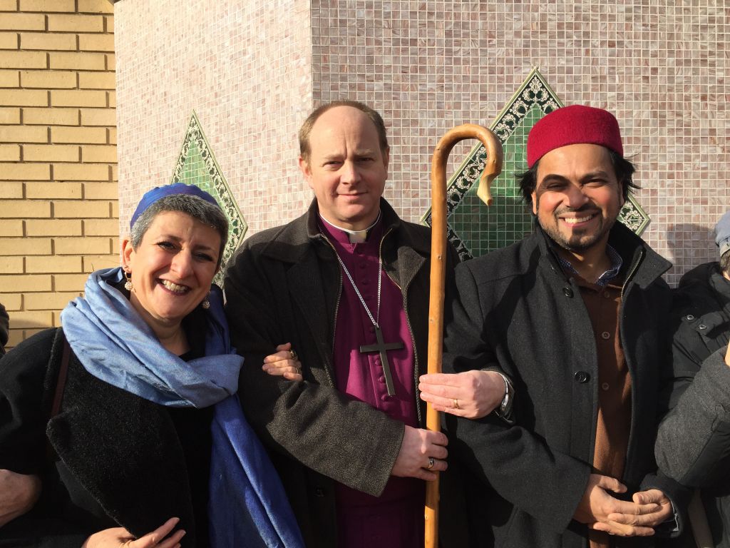 Rabbi Laura Janner-Klausner with Bishop of Edmonton Rob Wickham and Imam Ajmal Masroor 
