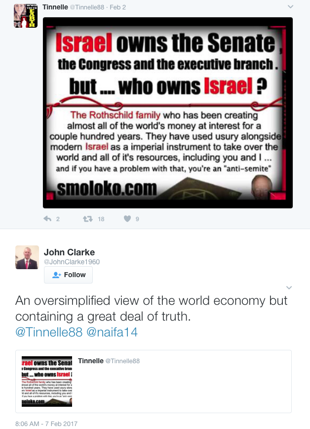 The endorsement of the post by John Clarke, which was followed by a denial he was anti-Semitic 