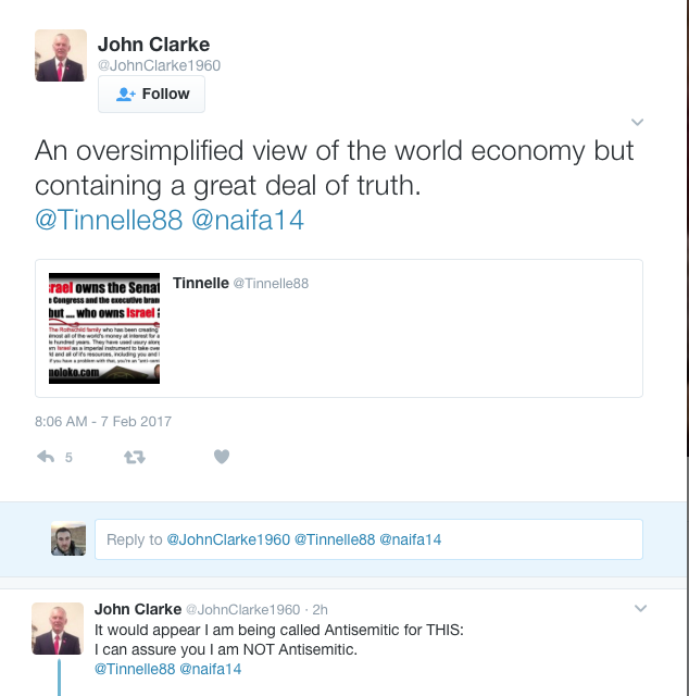 The endorsement of the post by John Clarke, which was followed by a denial he was anti-Semitic 