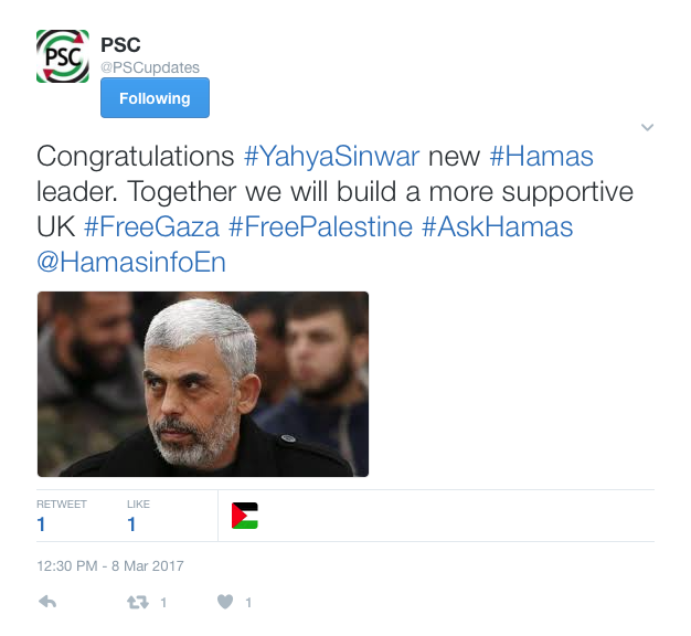 The Palestine Solidarity Campaign's tweet 