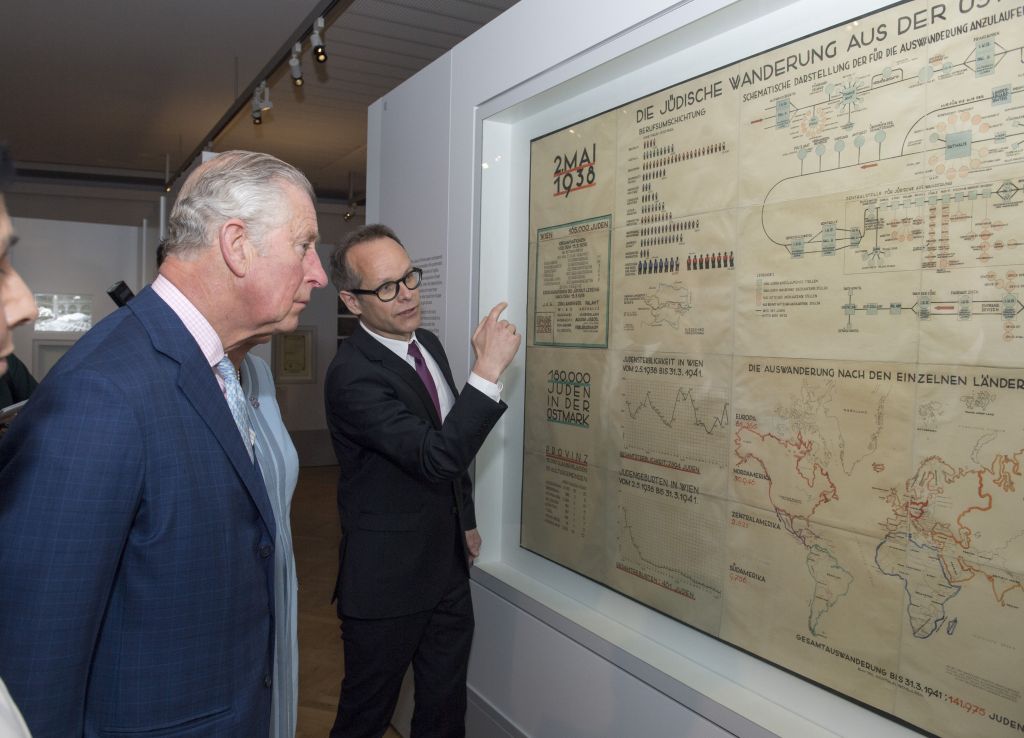 The Prince of Wales is shown Adolph Eichman's map during his visit to The Jewish Museum in Vienna, Austria on the ninth day of the his European tour. Photo credit: Arthur Edwards/The Sun/PA Wire 