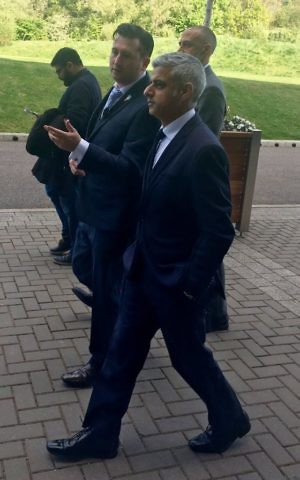 Sadiq Khan arrives at Sunday's memorial event with organiser Neil Martin.