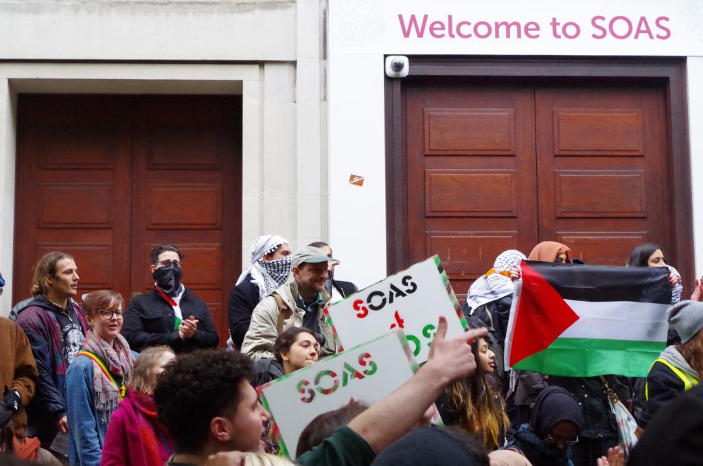 Anti-Israel demonstrates could be heard from inside the building 