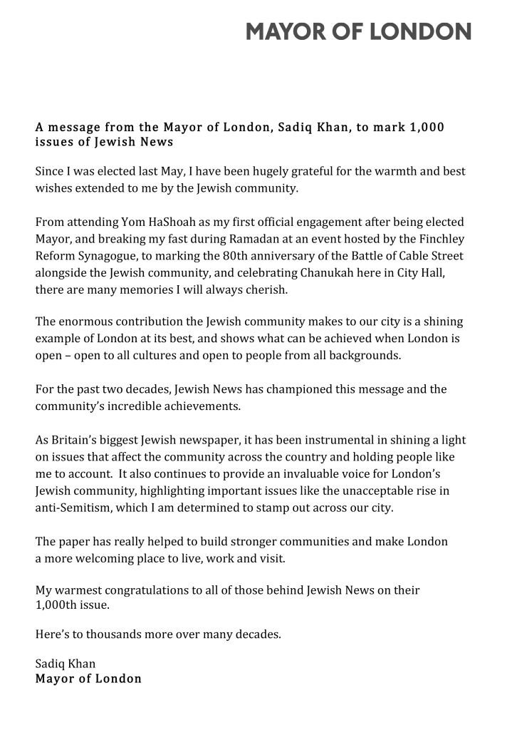 MoL message for Jewish News 1,000th issue
