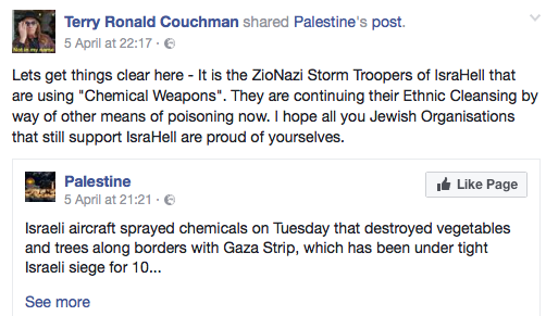 Terry Couchman post using the term ZioNazi