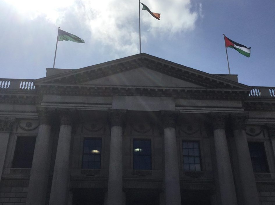 The Palestinian flag flying above the city hall 