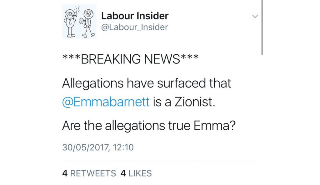 @Labour_Insider a.k.a. Phillip Jones's tweet, calling Emma Barnett a 'Zionist' after her interview with Jeremy Corbyn
