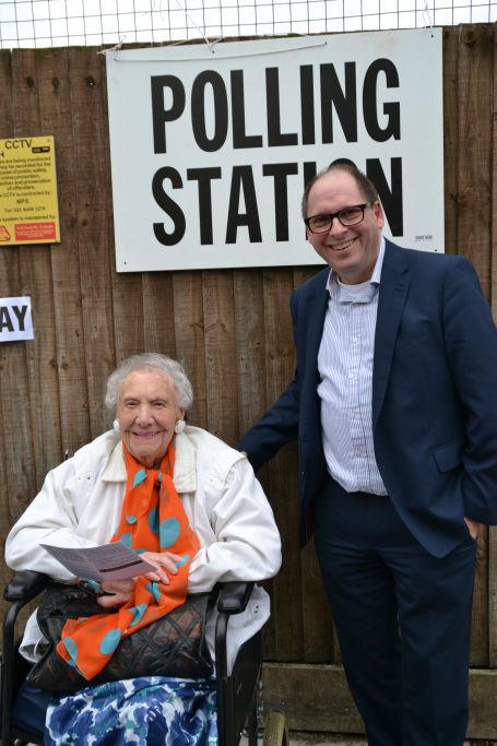 Rose pictured with Jewish Care Chief Executive, Simon Morris outside the polling station 