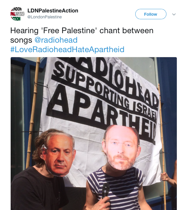 Pro-Palestine groups commenting on the anti-Israel mood in the crowd during Radiohead's gig