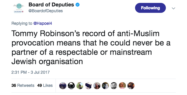 The Board of Deputies comment about Tommy Robinson 