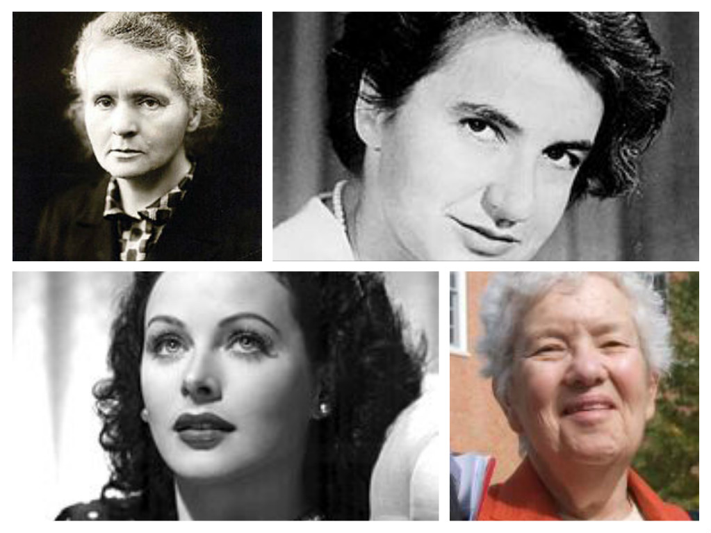 Their performance focuses on five female scientific leaders including: Top left-right, Marie_Curie and Rosalind_Franklin and bottom left-right: Hedy Lamarr and Vera Rubin