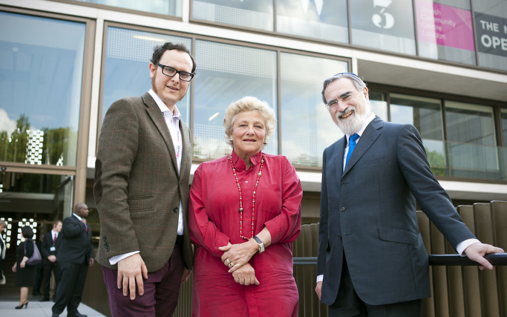 Dame Vivien Duffield (centre) outside JW3 with former Chief Rabbi Lord Sacks and the centre's CEO Raymond Simonson