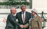 No great shakes: Rabin, Clinton and Arafat on the White House lawn in September 1993 signing the Oslo Accords