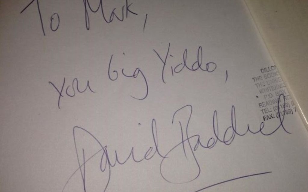 David Baddiel's message, which reads: "To Mark, you big Yiddo. David Baddiel"