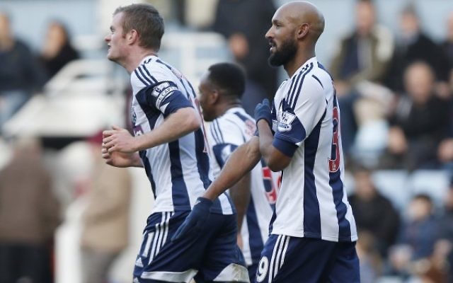 West Bromwich Albion's Nicolas Anelka, right, gestures as he celebrates his goal against West Ham United during their English Premier League soccer match at Upton Park.
