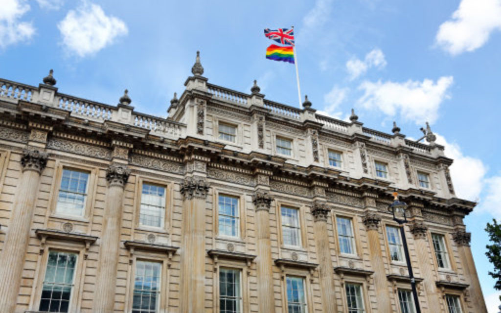 Gay Pride rainbow flag flying over the Home Office in London in preparation for Pride weekend.