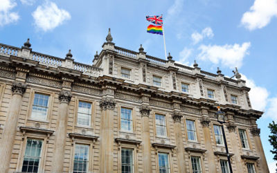 Gay Pride rainbow flag flying over the Home Office in London in preparation for Pride weekend.