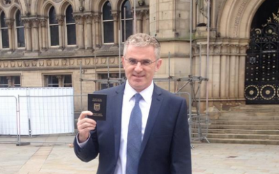 What Israel-free zone? Israel Ambassador Taub outside Bradford City Hall following a session of meetings yesterday