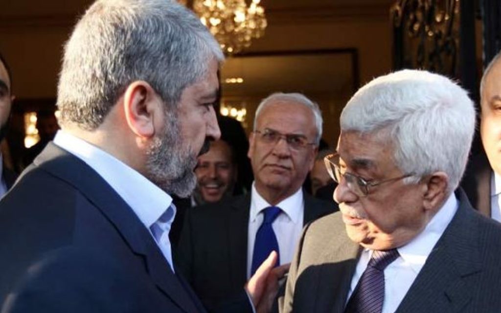 Khaled Meshaal of Hamas with Palestinian Authority chief Mahmoud Abbas.