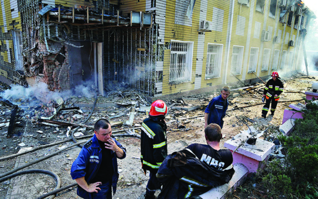 The aftermath of an attack by pro-Russian separatists on a Ukrainian building.