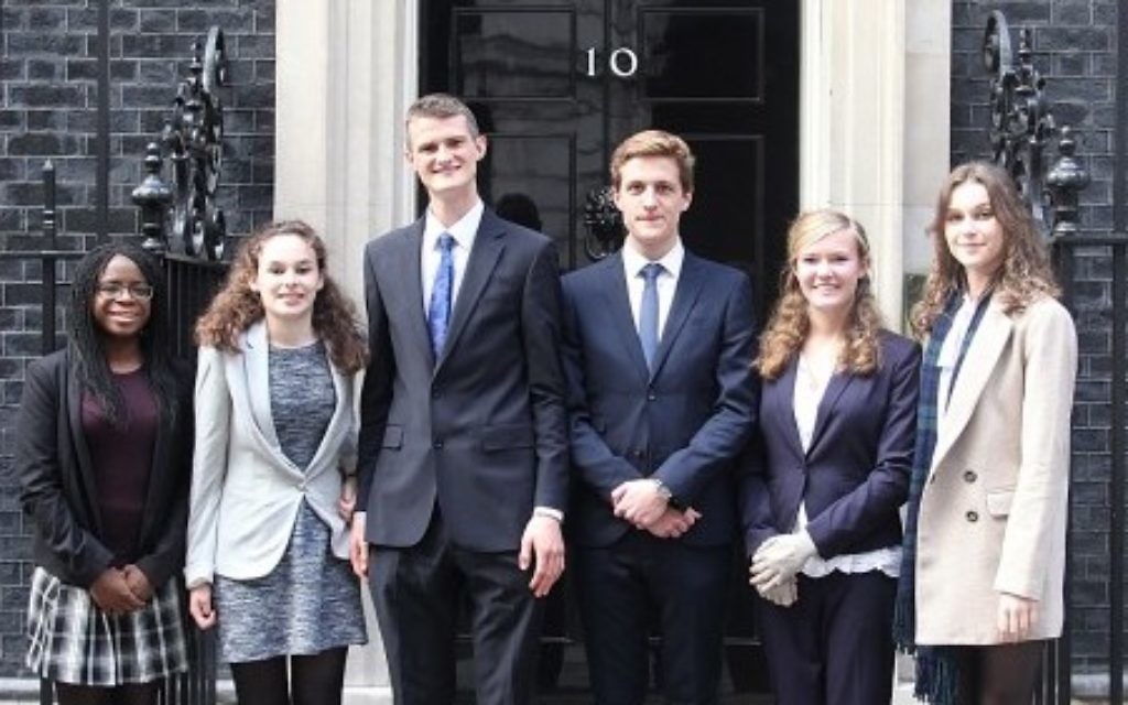 Winners of the Prime Minister's Holocaust Commission youth essay writing competition outside 10 Downing Street.