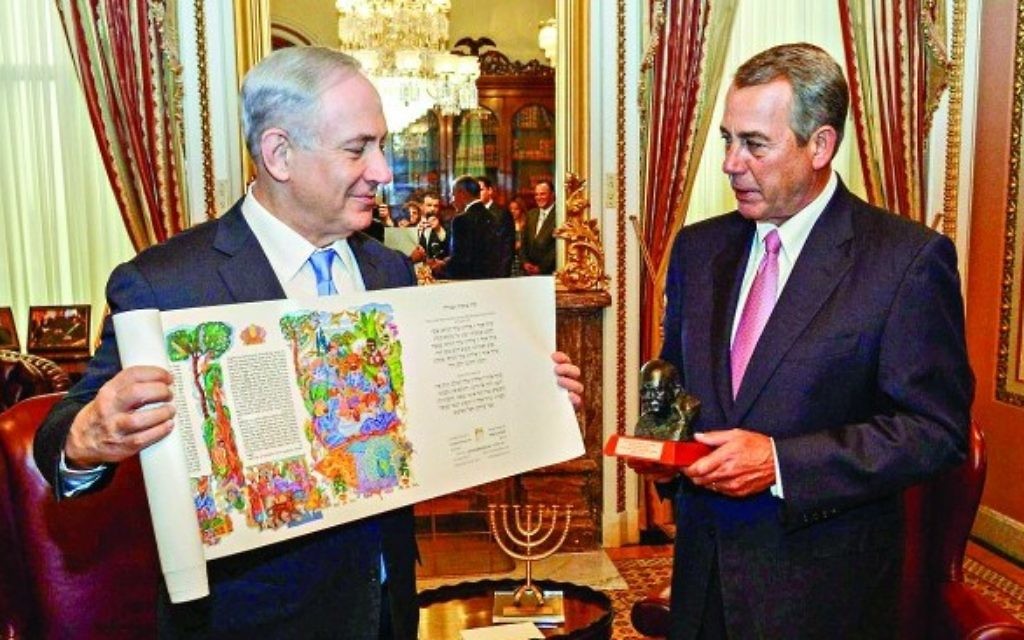 Benjamin Netanyahu presents Speaker of the House John Boehner with a Megillah scroll before his controversial speech