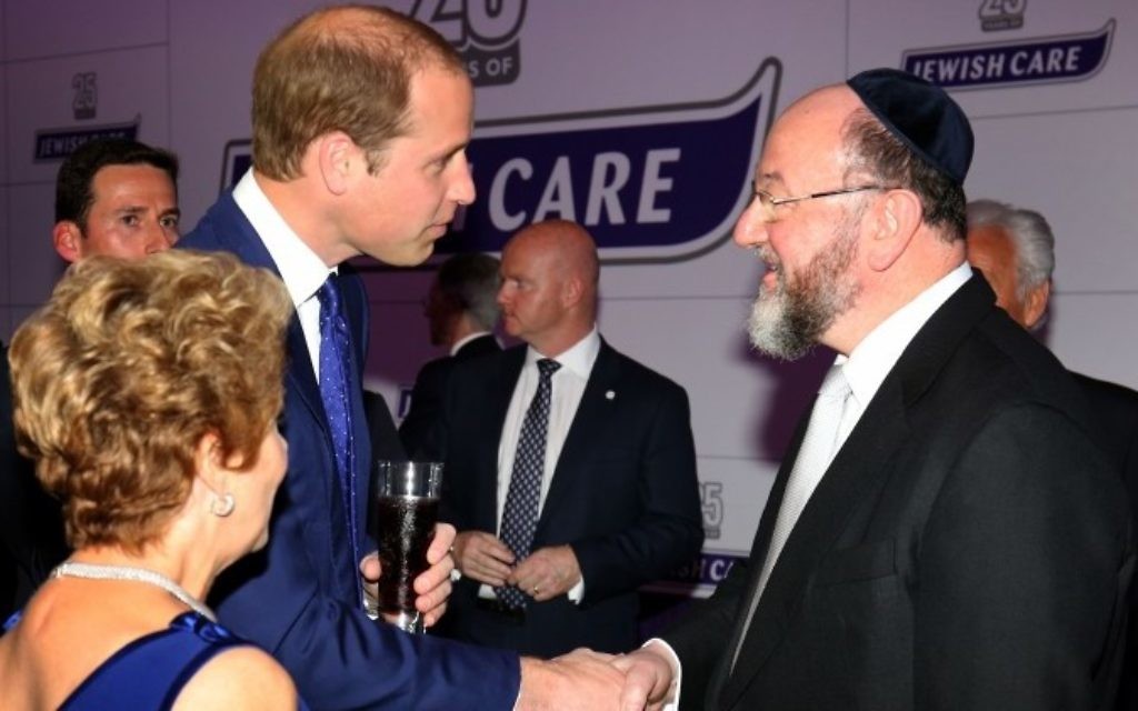 The Duke of Cambridge meets Chief Rabbi Ephraim Mirvis (right) as he attends the 25th anniversary celebrations of Jewish Care at Alexandra Palace, London. PRESS ASSOCIATION Photo. Picture date: Thursday June 11, 2015. The organisation provides care and support to 7,000 members of the Jewish community and their families each week, meeting the needs of a range of groups from Holocaust survivors and those with mental health issues to carers and others with degenerative illnesses. At the heart of the charity's care provision are 11 residential care homes, six community and day centres and three specialist centres for people living with dementia. Jewish Care was created in 1990 through the merger of two charities and today has 1,500 staff and 3,000 volunteers. The organisation also provides social and recreational programmes for people of all ages. Its youth leadership programme also gives young people the opportunity to develop their leadership skills whilst volunteering in the community. See PA story ROYAL William. Photo credit should read: Chris Radburn/PA Wire
