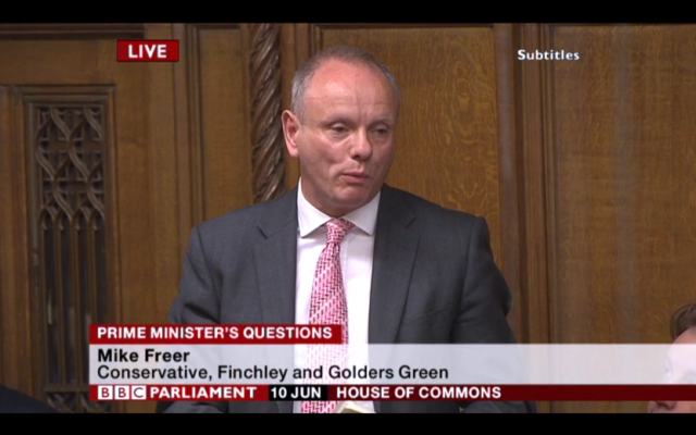 Mike Freer asking his question to the House of Commons. (Screenshot)