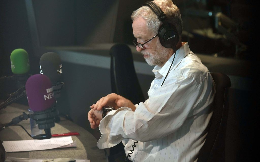 For use in UK, Ireland or Benelux countries only 

Undated BBC handout photo of Labour leadership contender Jeremy Corbyn looking at his watch during a call-in with listeners on BBC Radio 4's World At One programme, where he hit back at "disgusting" claims that he is anti-Semitic and denied he has links with a controversial Lebanese activist. PRESS ASSOCIATION Photo. Issue date: Wednesday August 19, 2015. The left-winger's campaign to take the party's job has been surrounded in controversy over his dealings with extremists and suggestions that some of his supporters are peddling abuse against Jews on social media. See PA story POLITICS Labour. Photo credit should read: Jeff Overs/BBC/PA Wire

NOTE TO EDITORS: Not for use more than 21 days after issue. You may use this picture without charge only for the purpose of publicising or reporting on current BBC programming, personnel or other BBC output or activity within 21 days of issue. Any use after that time MUST be cleared through BBC Picture Publicity. Please credit the image to the BBC and any named photographer or independent programme maker, as described in the caption.