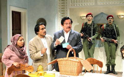 Shobu Kapoor, Sanjeev Bhaskar and Steven Berkoff star in Dinner With Saddam. Credit: Catherine Ashmore