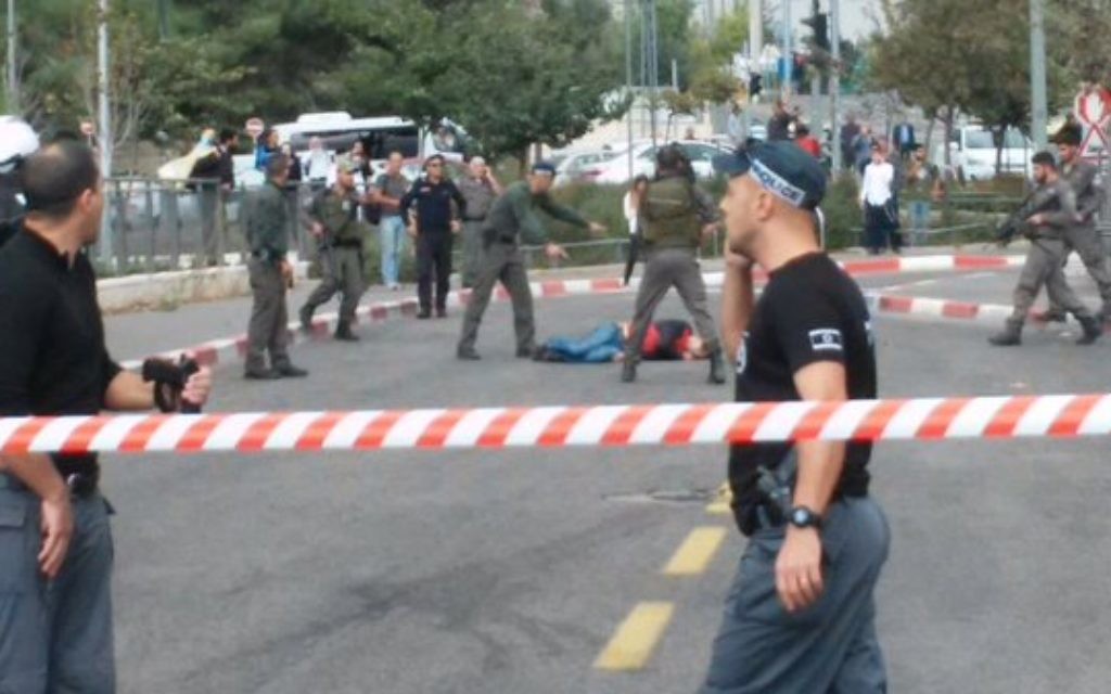 Moments after a stabbing  at French Hill light rail station, at which 2 Israelis injured, and an attacker was shot. (Source: Israel News Flash)