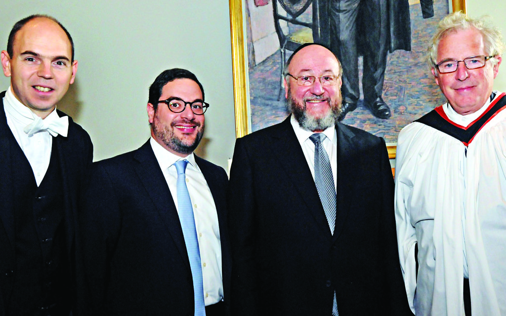 Pictured left to right: Simon Henderson, Chaplaincy chair Uri Goldberg, Chief Rabbi Mirvis and Provost Lord Waldegrave. (Picture credit: John Rifkin)