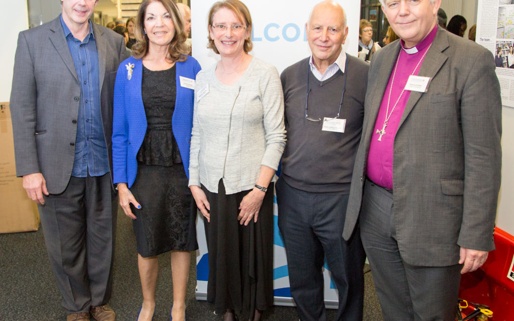 (from left) Jonathan Porritt, Board Vice President Sheila Gewolb, Maureen Kendler, Rabbi Jeffrey Newman and the Bishop of Salisbury, Nick Holtam