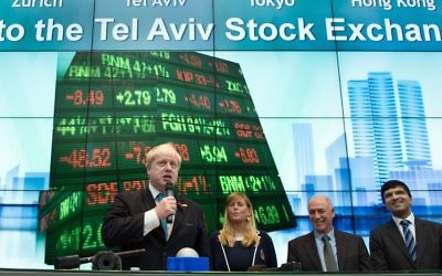 Boris Johnson opens trading at the Tel Aviv Stock Exchange at the start of a four day trade visit to Israel whilst foreign secretary in 2015. Photo credit: Stefan Rousseau/PA Wire