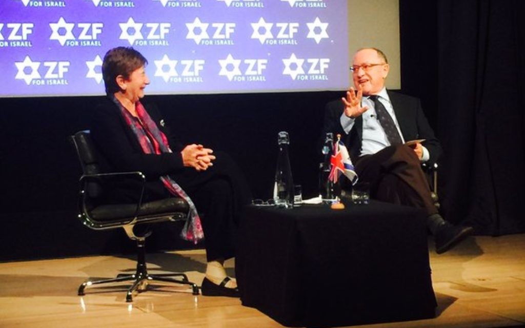 Baroness Deech (left) interviewing Alan Dershowitz (right)

(Image from @James_J_Marlow on Twitter)