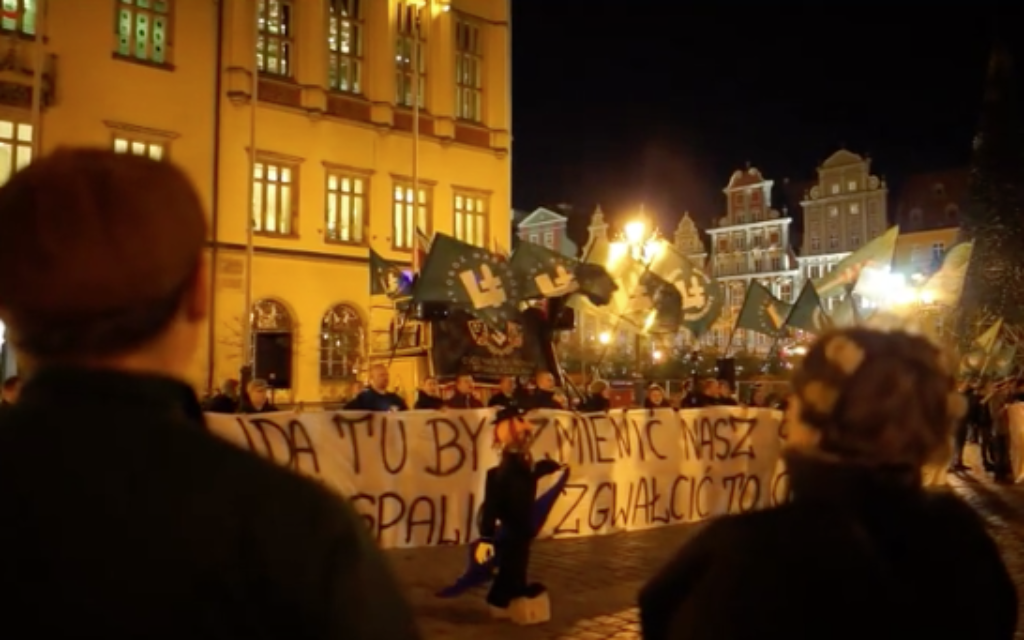 A screenshot of the video in which an effigy of an Orthodox Jew was burnt in Poland