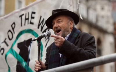 George Galloway MP speaks to protesters at Whitehall in London during a demonstration organised by Stop the War Coalition against proposed bombing of the Islamic State in Syria.