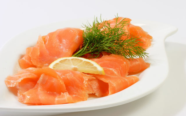 Smoked salmon on a plate.