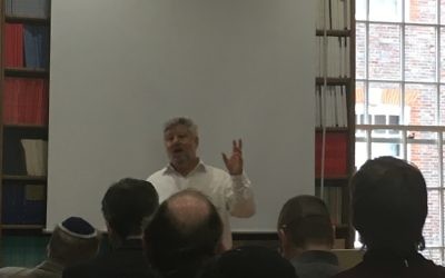 Gershon Baskin speaking at an event with the Council of Christians and Jews on Monday